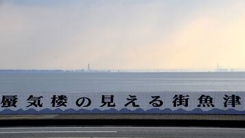A view of a body of water with a distant city skyline and a bridge.