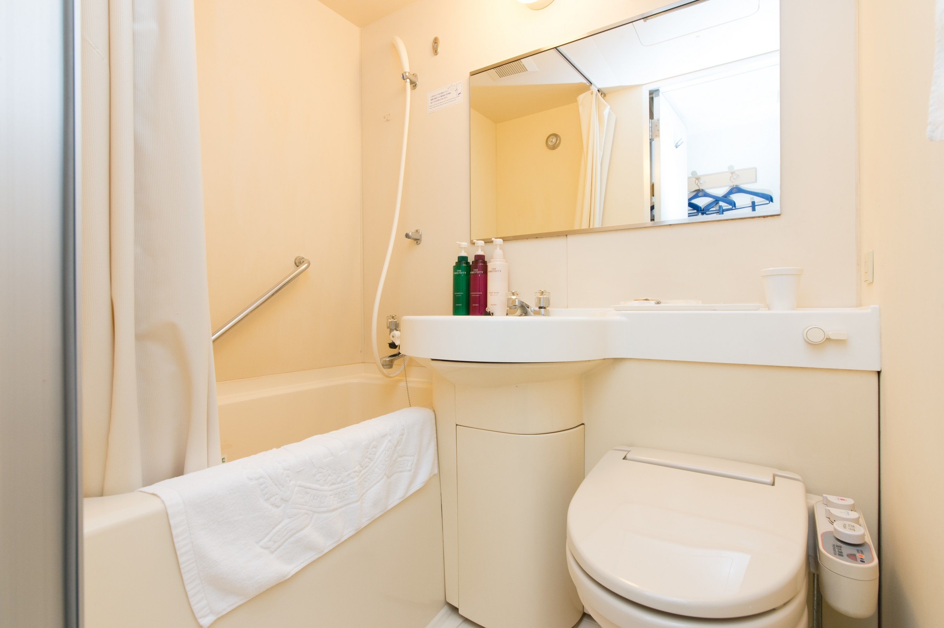 combined shower/bathtub, deep-soaking bathtub, free toiletries