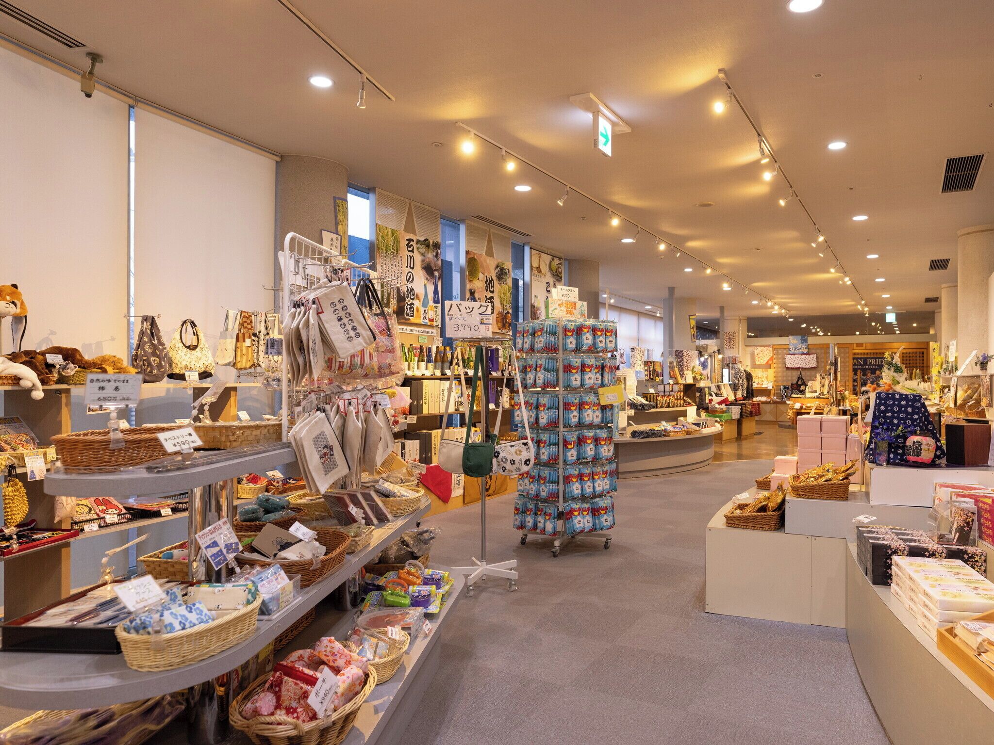 A spacious retail store with various items on shelves and carts, including bags and baskets.