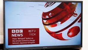 Una pantalla de televisión mostrando las noticias de BBC News 11CH con un indicador rojo de noticias y un fondo desenfocado.