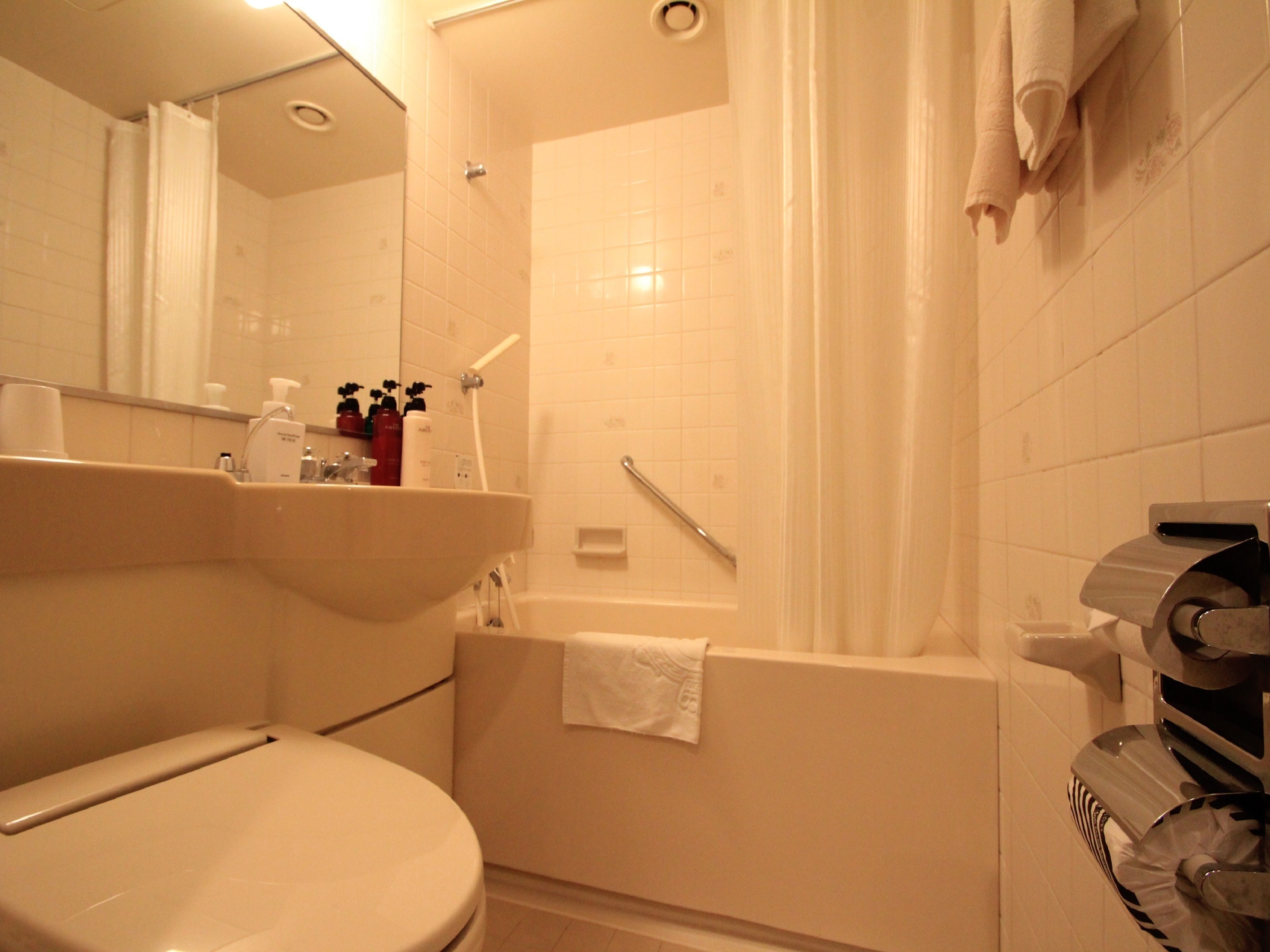 combined shower/bathtub, free toiletries, hair dryer, slippers