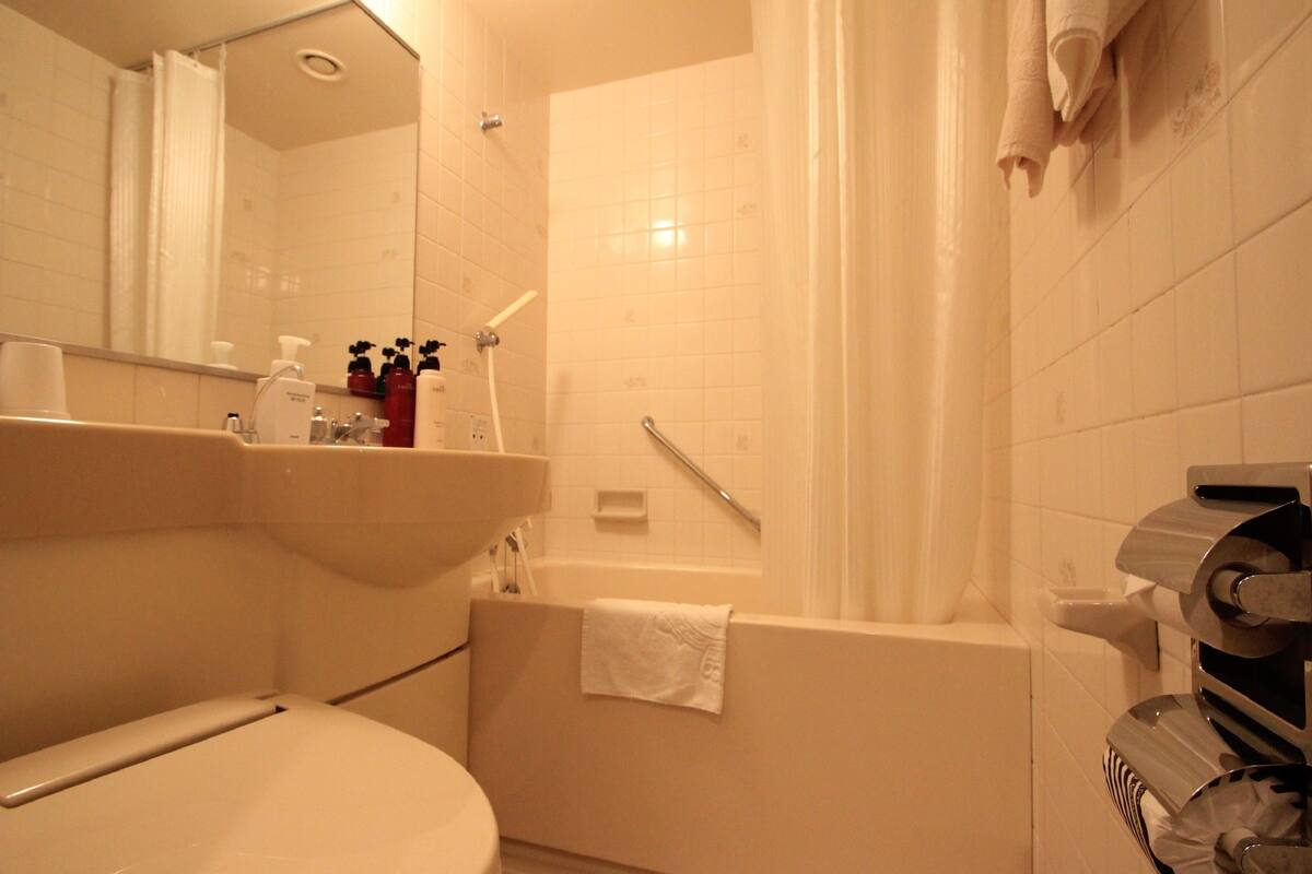 combined shower/bathtub, free toiletries, hair dryer, slippers