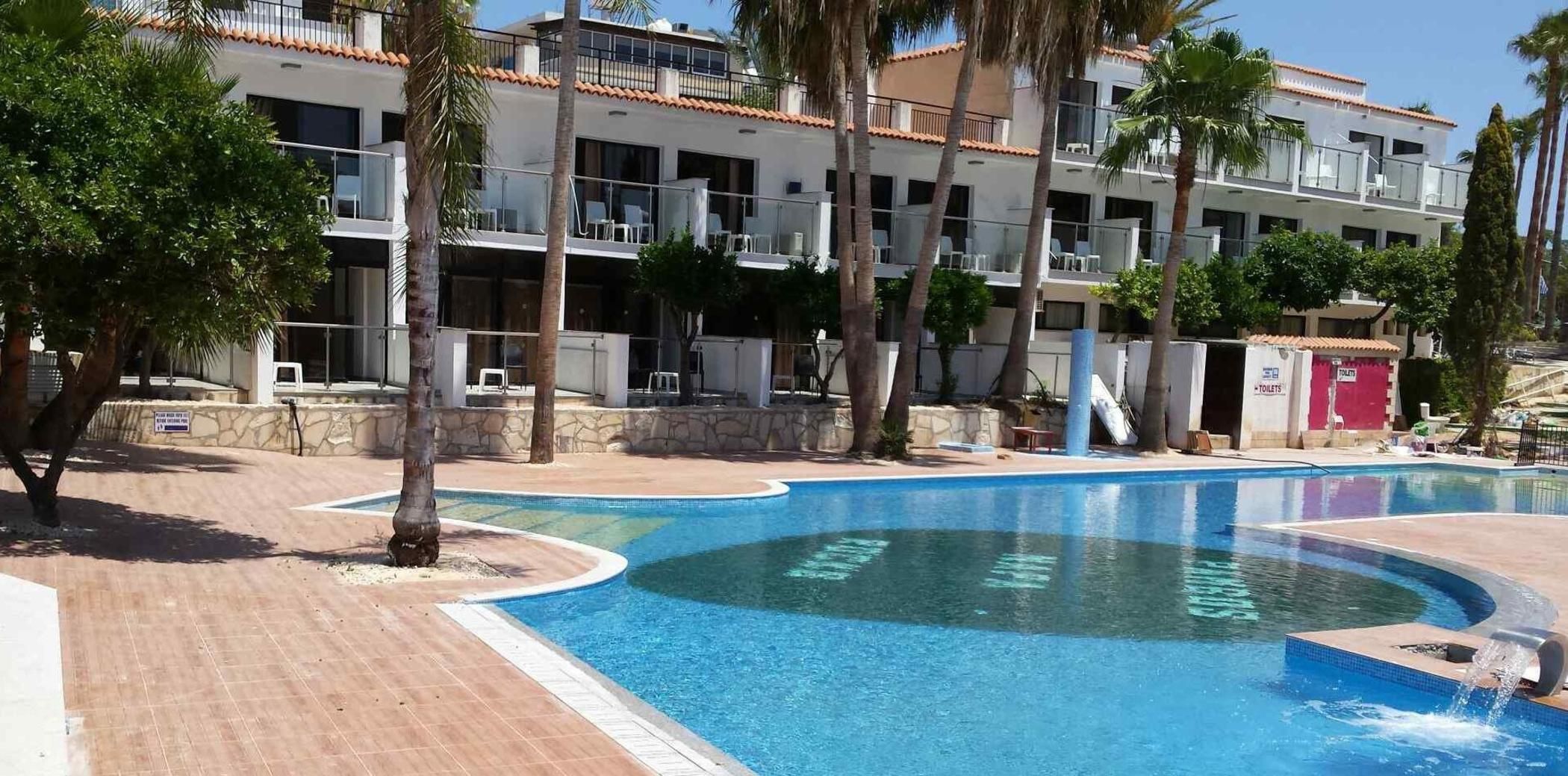 A swimming pool with a curved edge, surrounded by a paved area with palm trees.