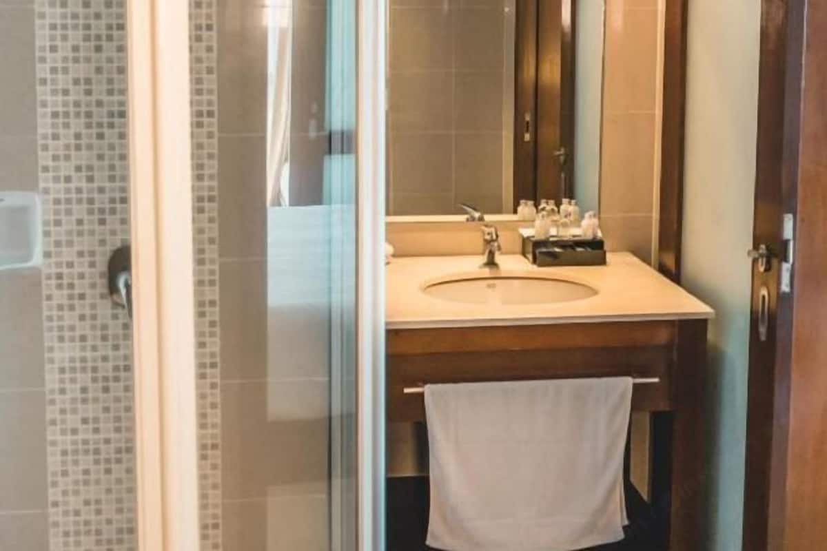 Badkamer | Een douche, gratis toiletartikelen, handdoeken
