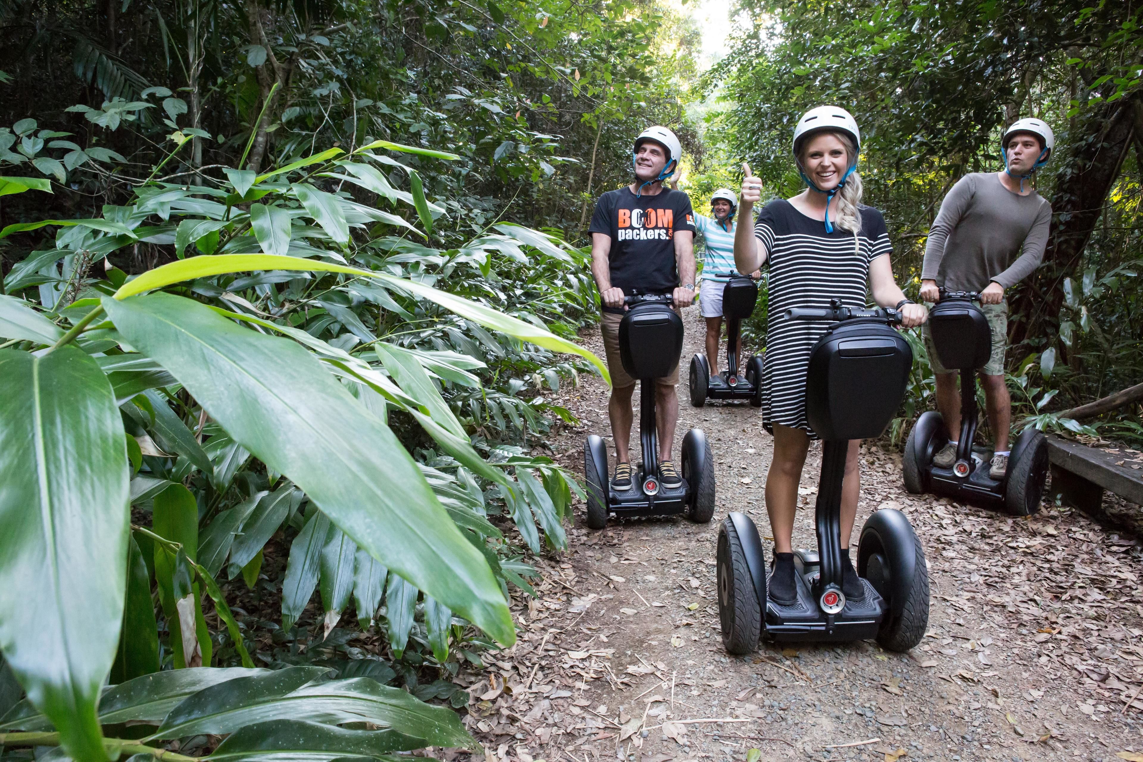 A group of people on segways in a forested area.