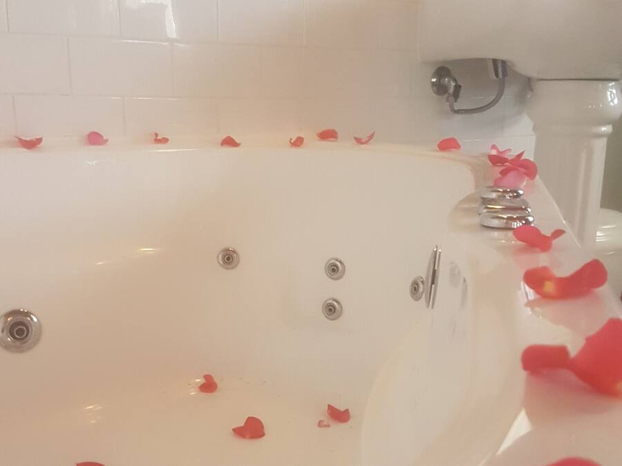 Una bañera llena de pétalos de rosa, un lavamanos blanco y un espejo sobre él.