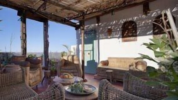 A covered outdoor seating area with wicker furniture and a table, surrounded by potted plants. - Dar KamalChaoui (Bhalil)