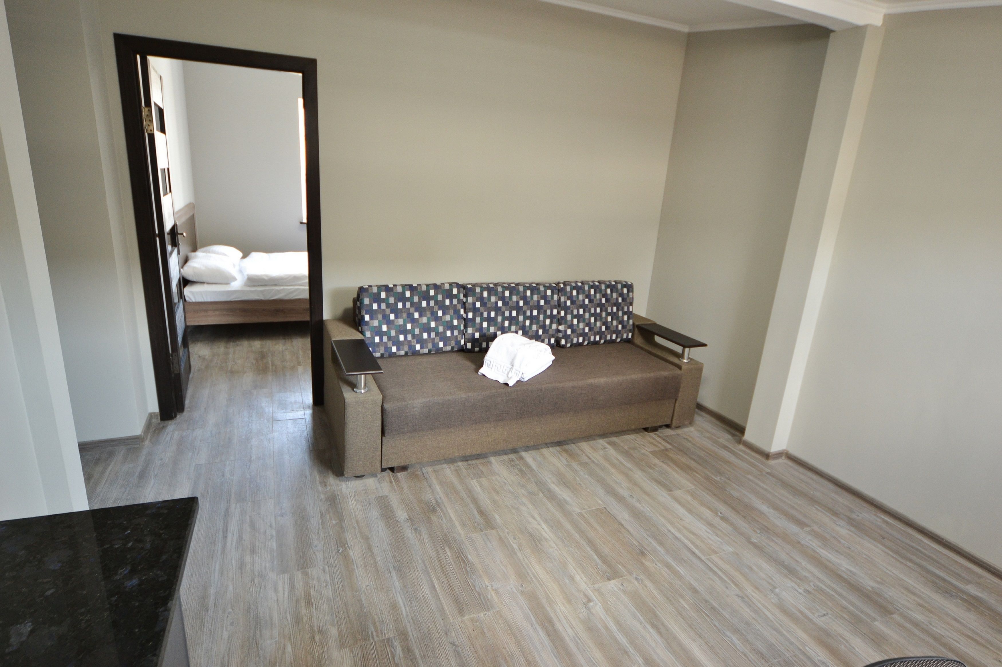 Una habitación con un sofá, una cama y un espejo.