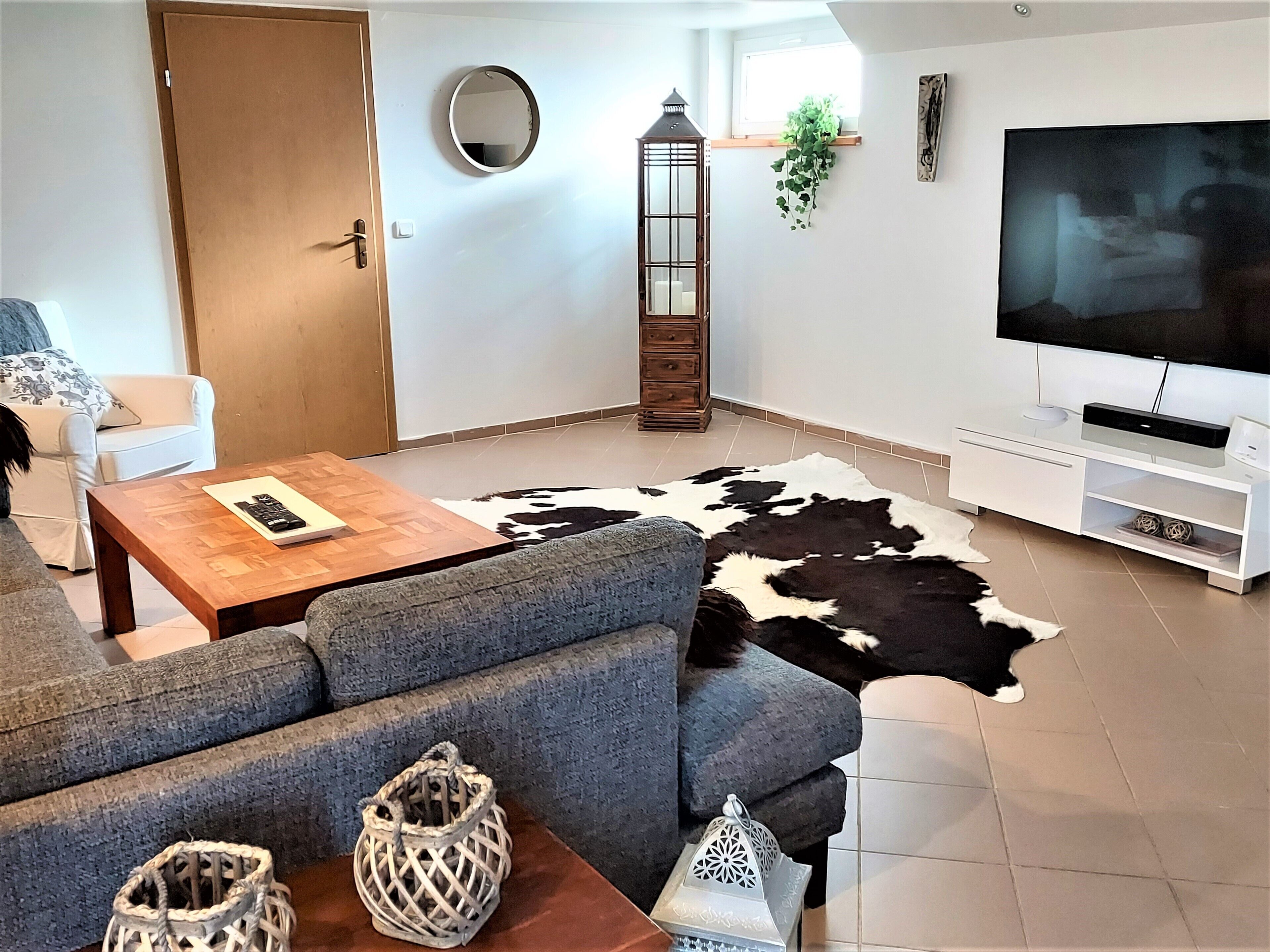 Una sala de estar con sofá, mesa de centro, televisión, alfombra de cuero de vaca y un farol.