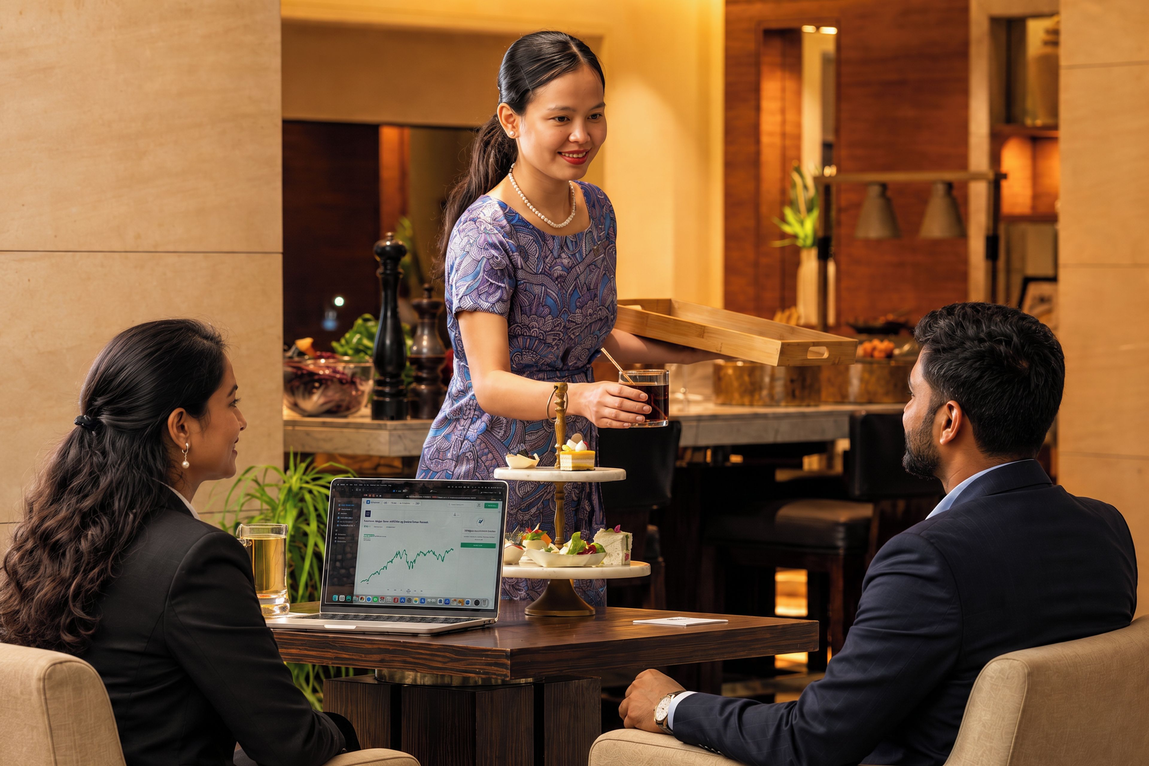 A business meeting with a woman serving food to two men at a wooden table with a laptop displaying a graph.