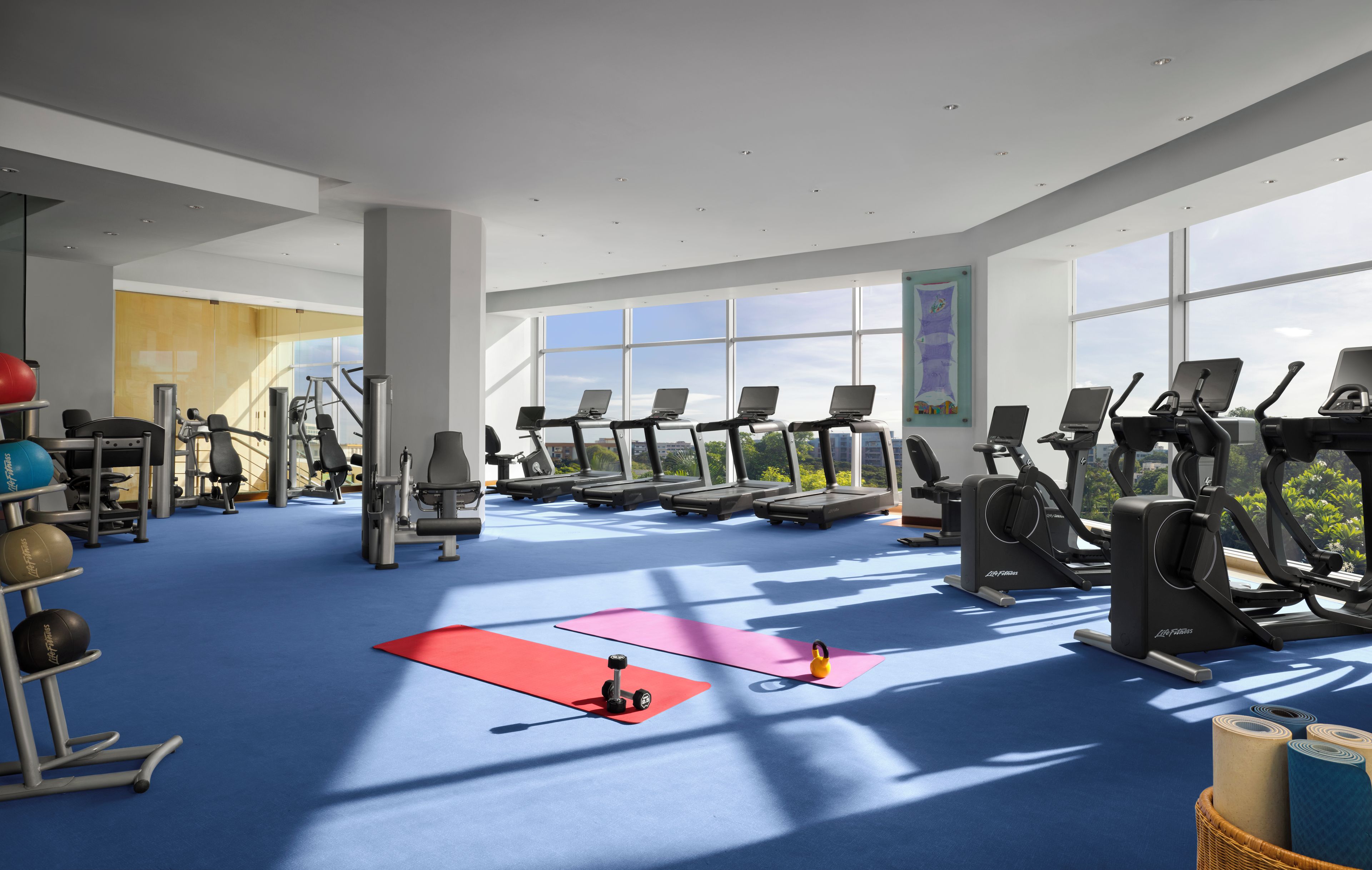 Un gimnasio con cintas de correr, pelotas de ejercicio y máquinas de pesas.