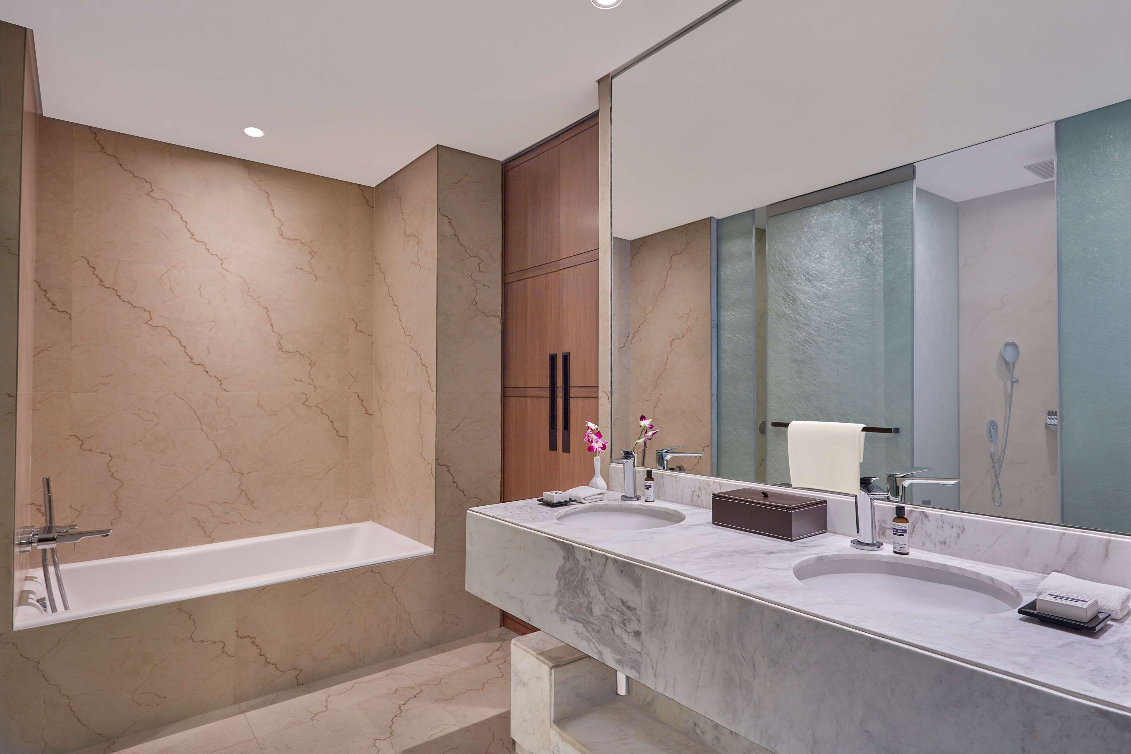 combined shower/bathtub, deep-soaking bathtub, rainfall showerhead