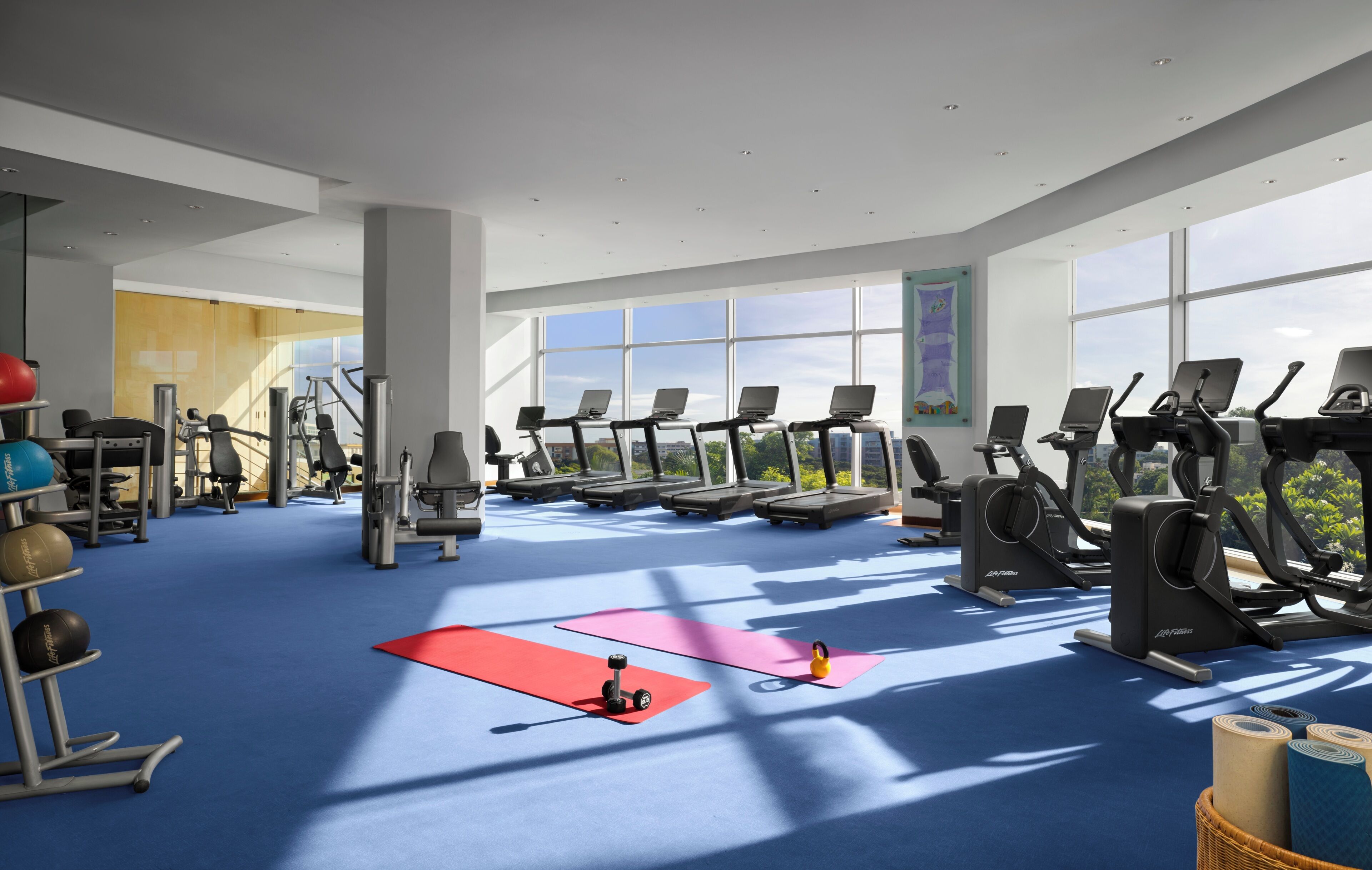 Un gimnasio con cintas de correr, pelotas de ejercicio y máquinas de pesas.