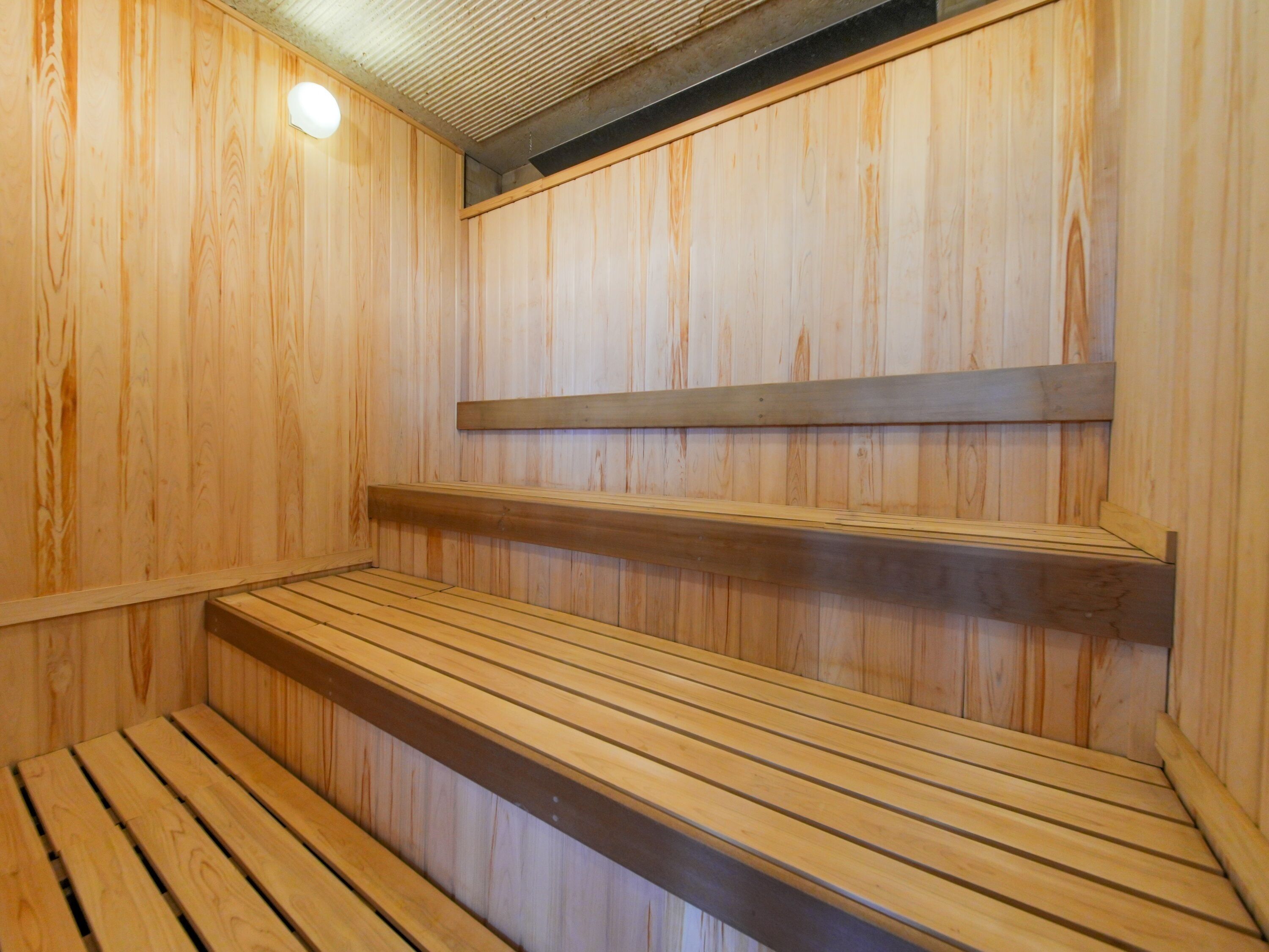 Eine Holzsauna mit Bänken und schrägverdeckter Decke.