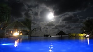 Outdoor pool, pool umbrellas, pool loungers