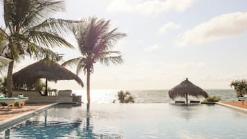 Outdoor pool, pool umbrellas, pool loungers