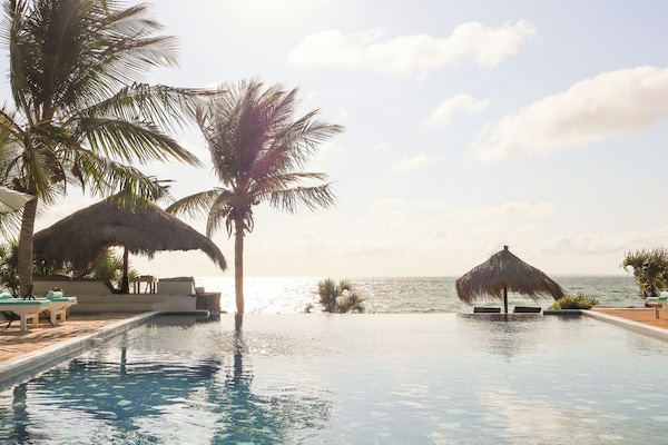 Outdoor pool, pool umbrellas, sun loungers