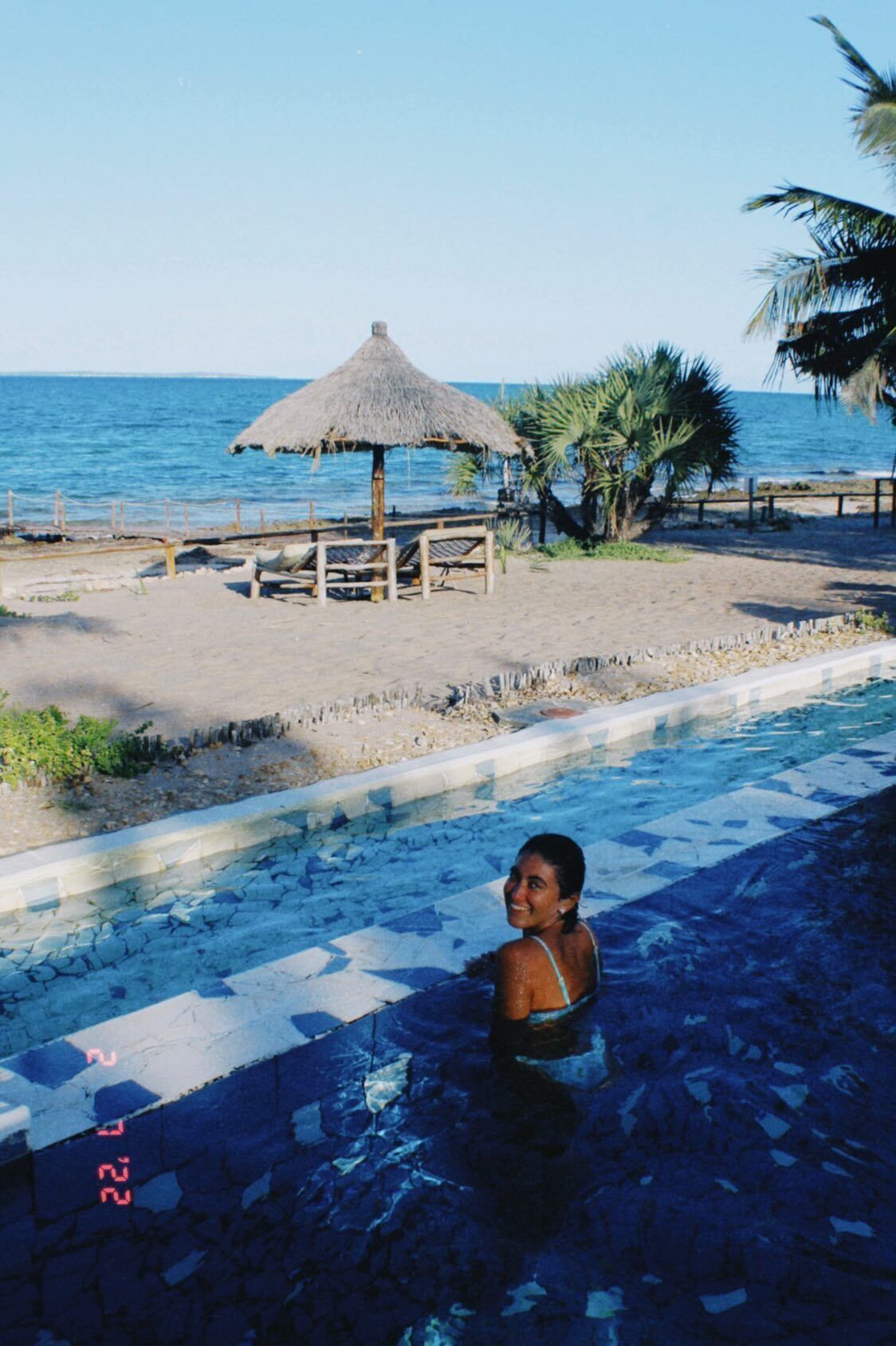 A pool area with a person in the water, a thatched-roof structure, palm trees, and a beach in the background.
