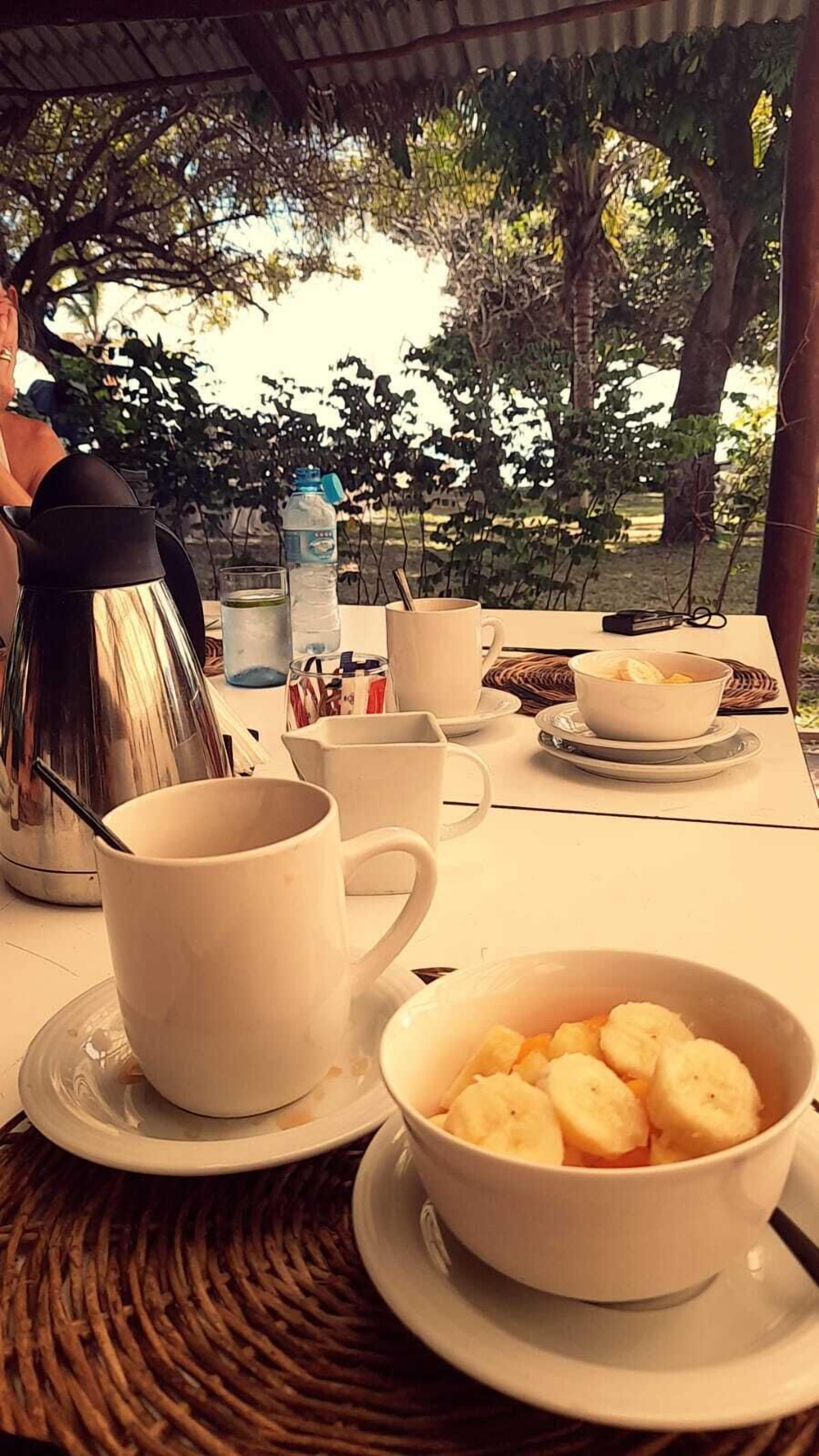 A table with a coffee pot, cups, and a bowl of food, set outdoors with trees in the background.