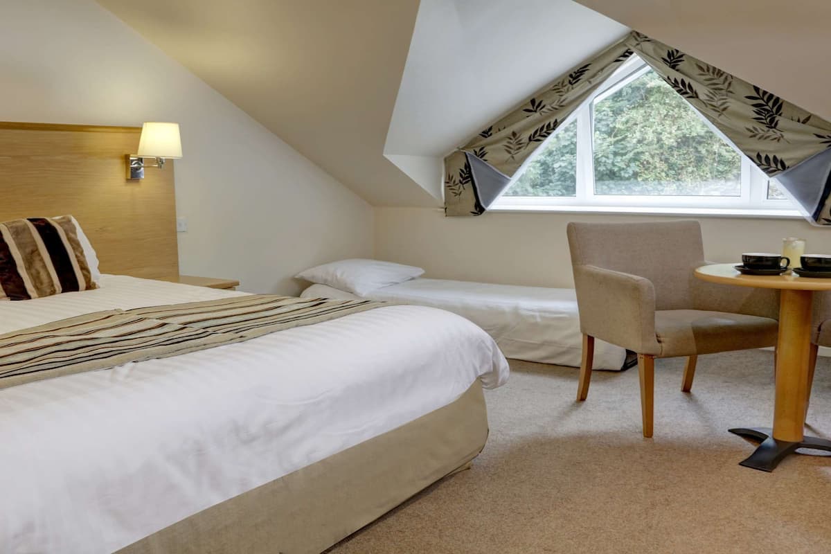 Habitación de hotel con una cama grande, una cama más pequeña, una silla, una mesa y una ventana con vistas a árboles.