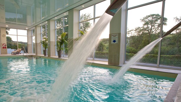 An indoor swimming pool with clear water, large windows, and potted plants. - Best Western The Dartmouth Hotel Golf & Spa (Totnes)