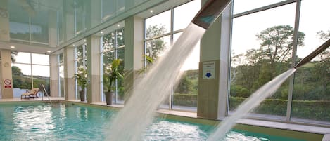 Indoor pool, open 8:00 AM to 7:30 PM, pool loungers