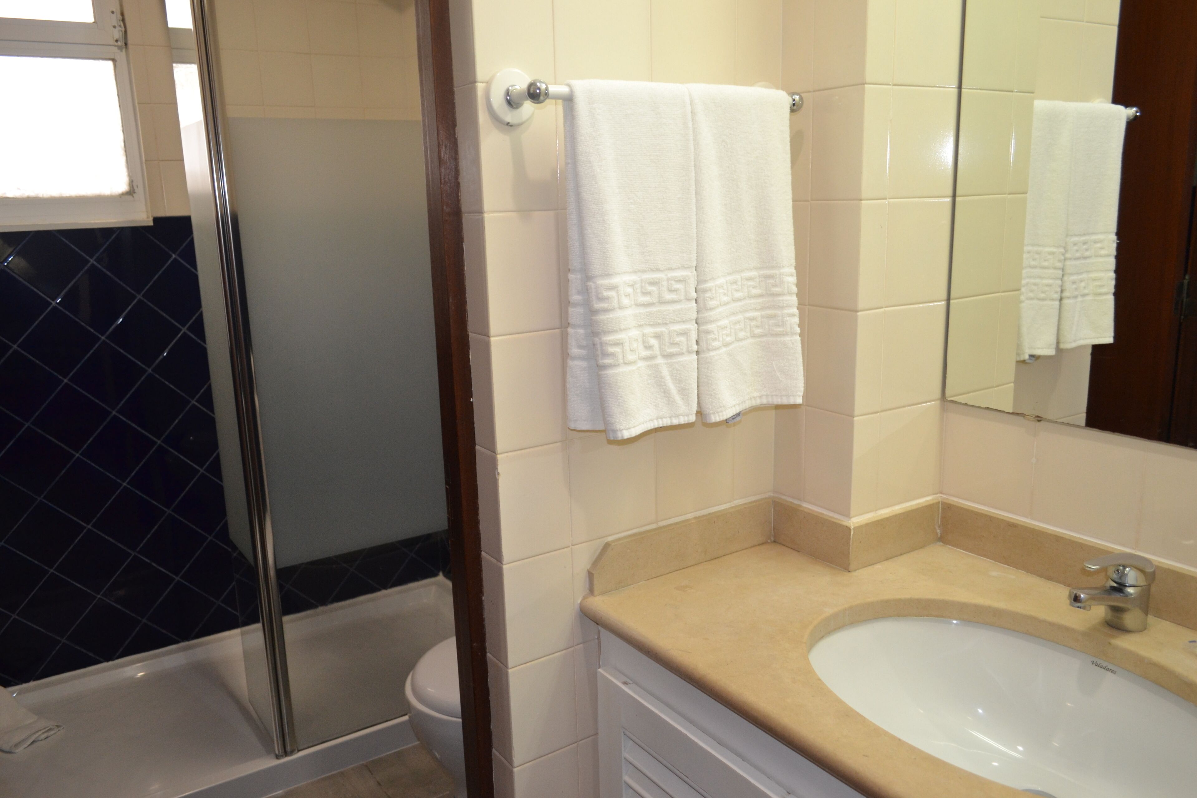 Un baño con cabina de ducha de vidrio, un lavabo blanco y un espejo que refleja una toalla.