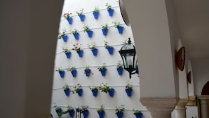 A wall with blue planters arranged in a grid pattern. - Hotel Marisa (Córdoba)