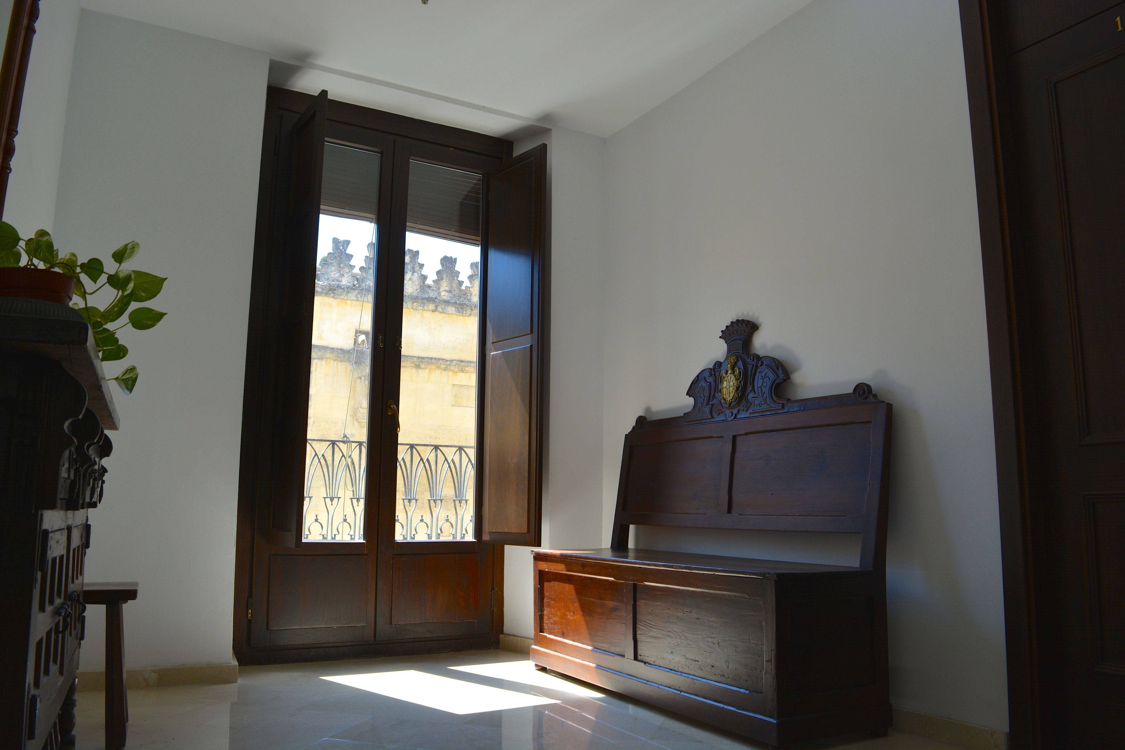 A room with a wooden bench, a potted plant, and a large window with a view of a balcony.