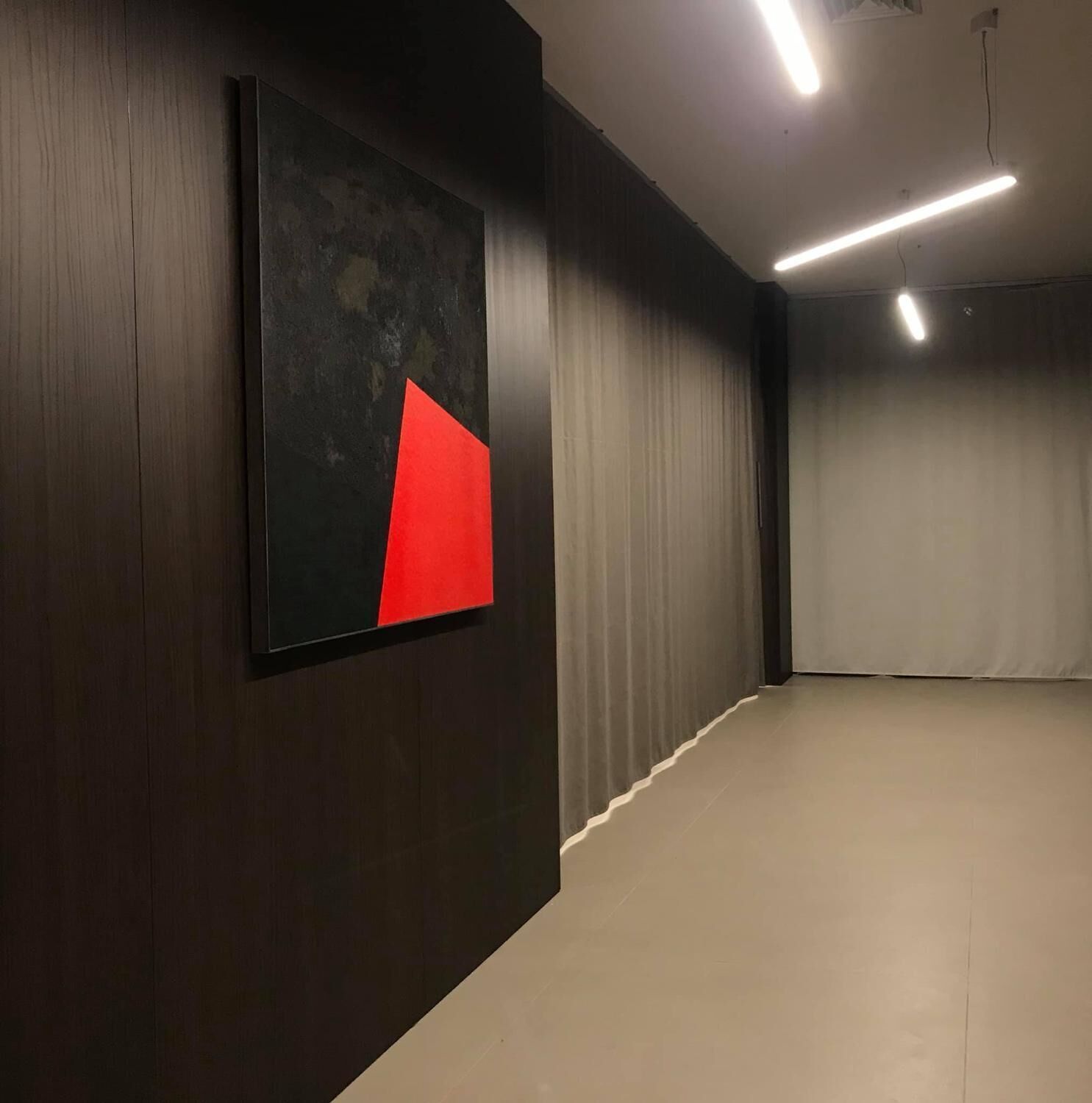 A hallway with a large abstract painting on the wall, a light fixture on the ceiling, and a plain wall.