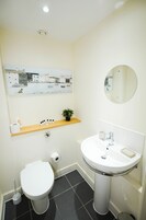A bathroom with a toilet, sink, and a shelf with toiletries.