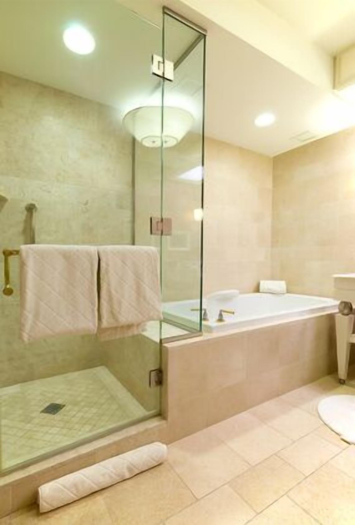 Combined shower/tub, hair dryer, towels, shampoo