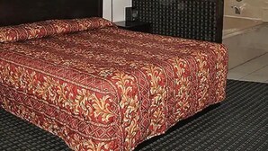 Habitación de hotel con cama, un cuadro en la pared, una lámpara y zona de baño.