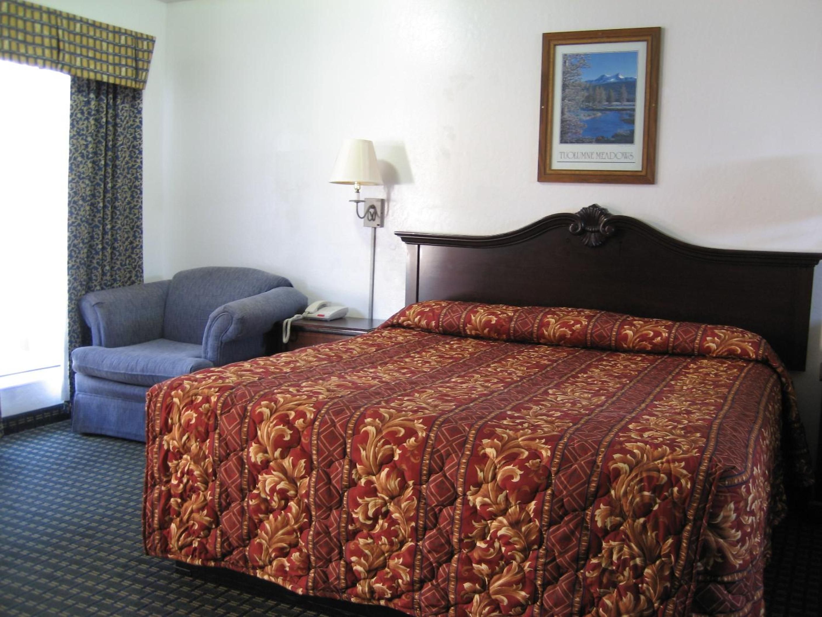 A hotel room with a bed, a chair, a lamp, and a framed picture on the wall.