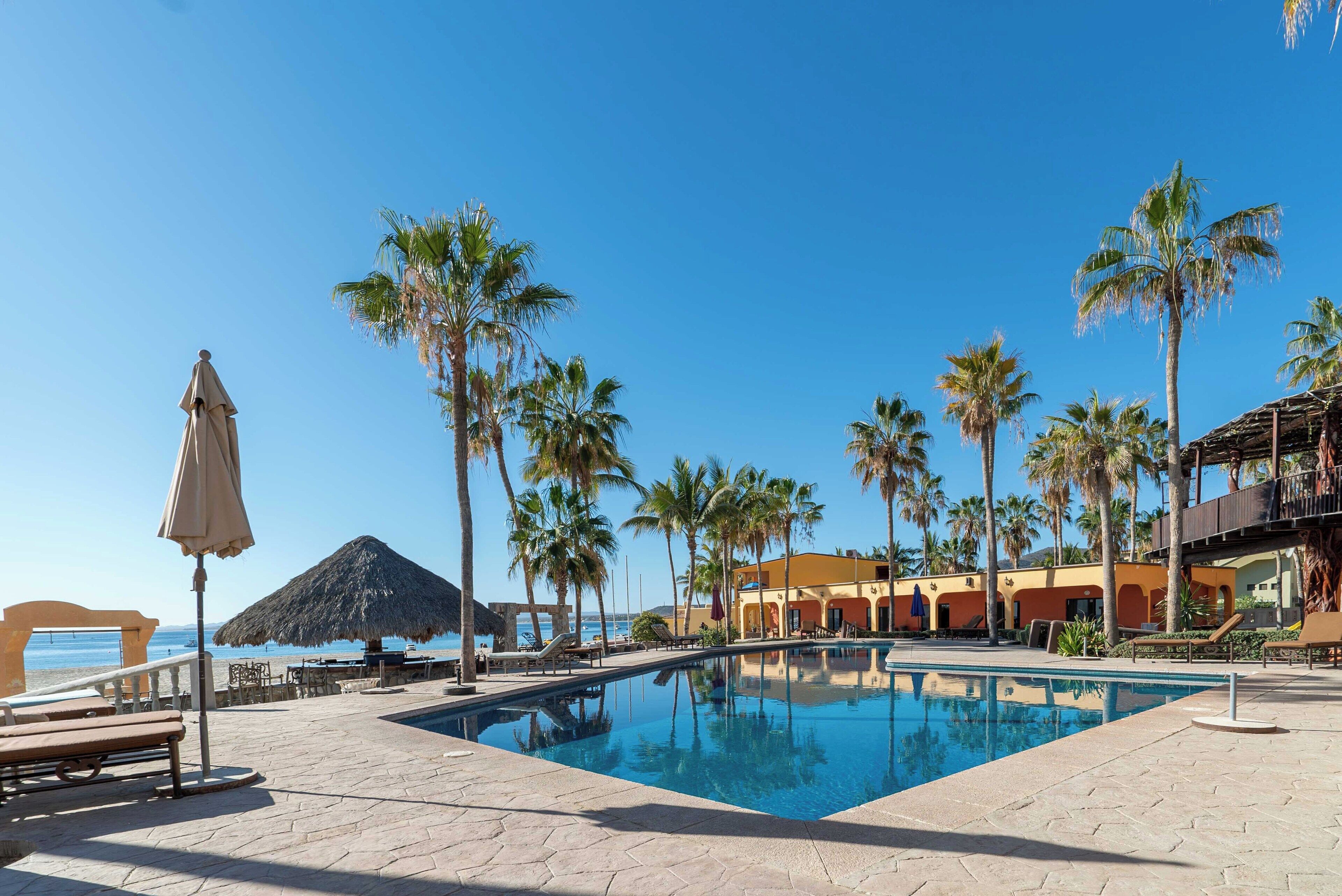 outdoor pool, pool umbrellas, pool loungers