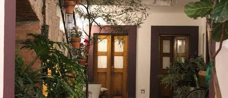 A courtyard with a stone floor, potted plants, a wooden door, and a bicycle.