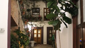 Un pasillo con suelo de piedra y una escalera que lleva a una puerta de madera. Hay plantas en macetas y un extintor a la izquierda.