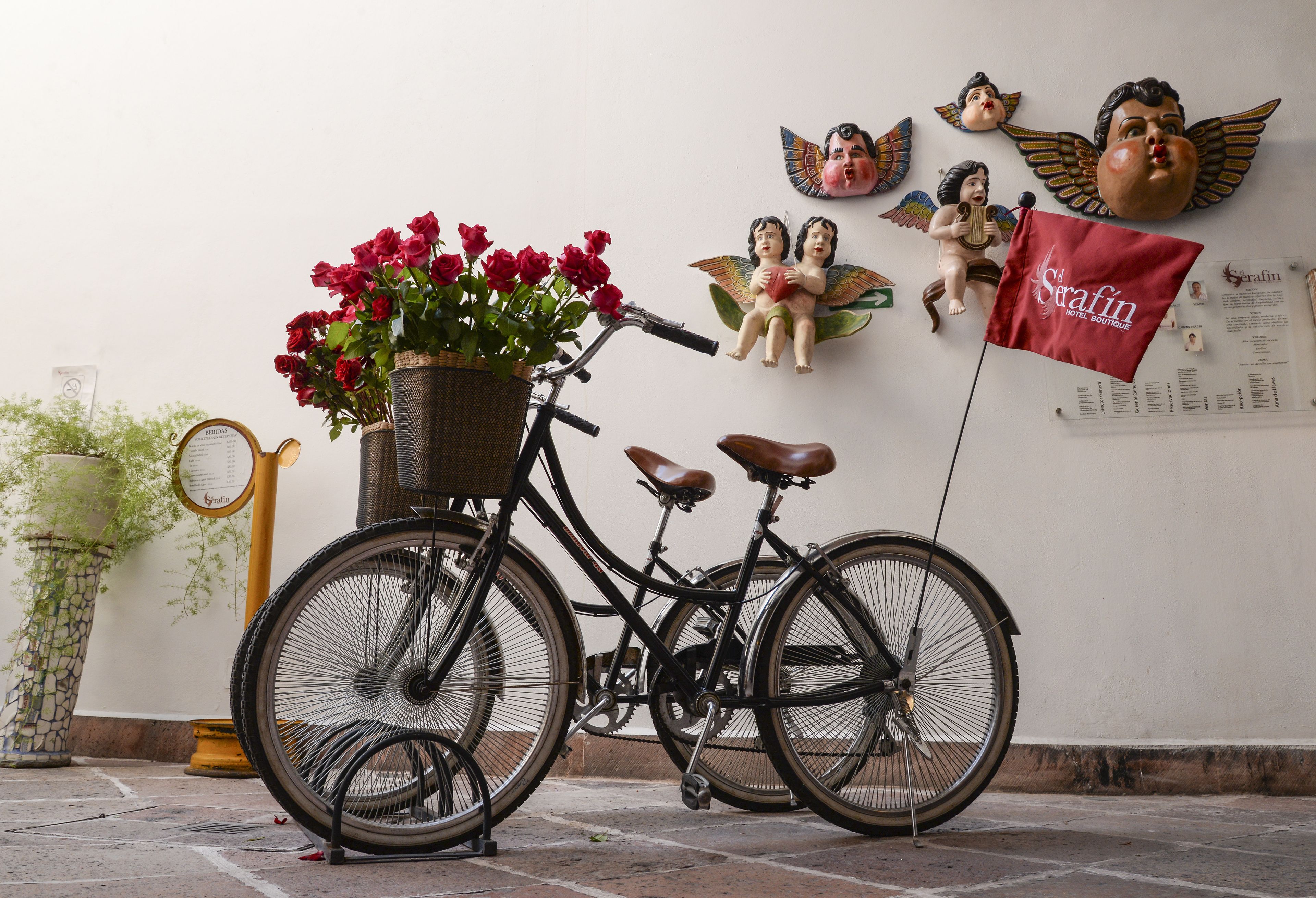 Un vélo avec un panier rempli de fleurs rouges, un drapeau et de petites figurines d’anges décoratives accrochées à un mur.