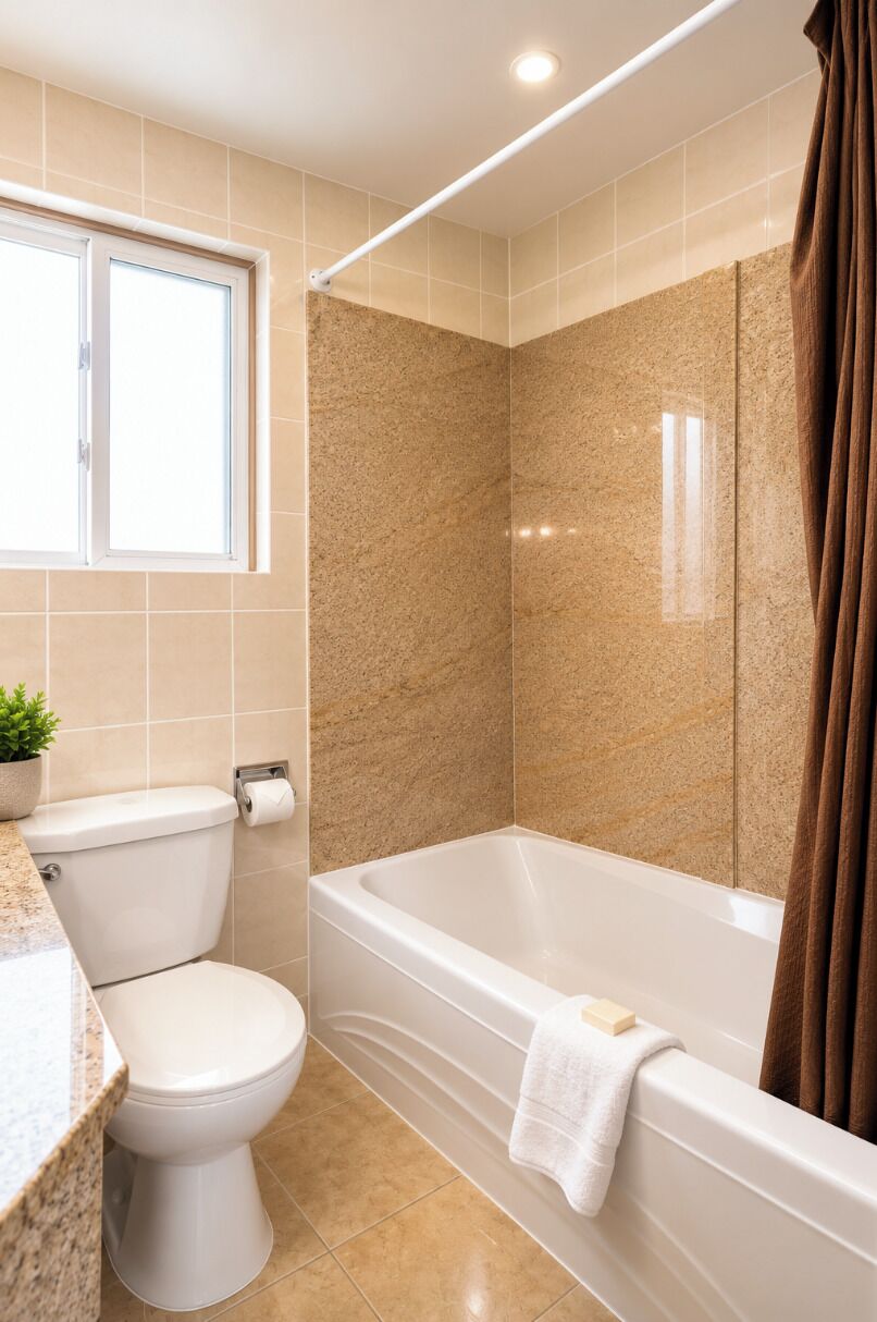 Un baño con inodoro, bañera y ventana.