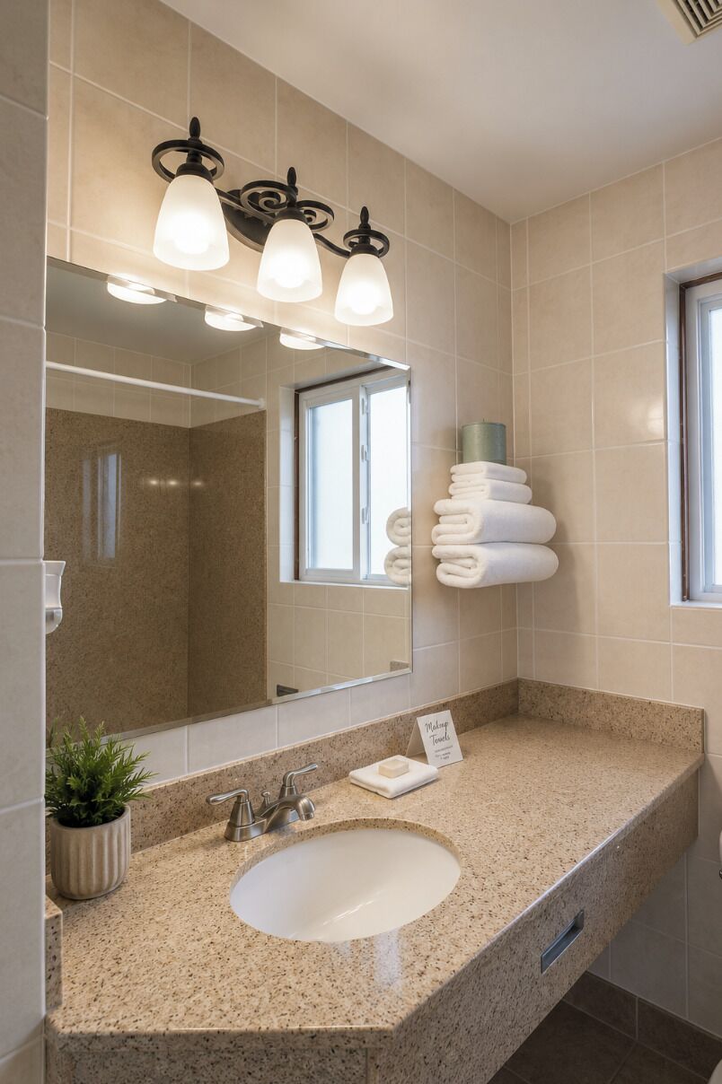 A bathroom with a granite countertop, a sink, a mirror, and a towel rack.