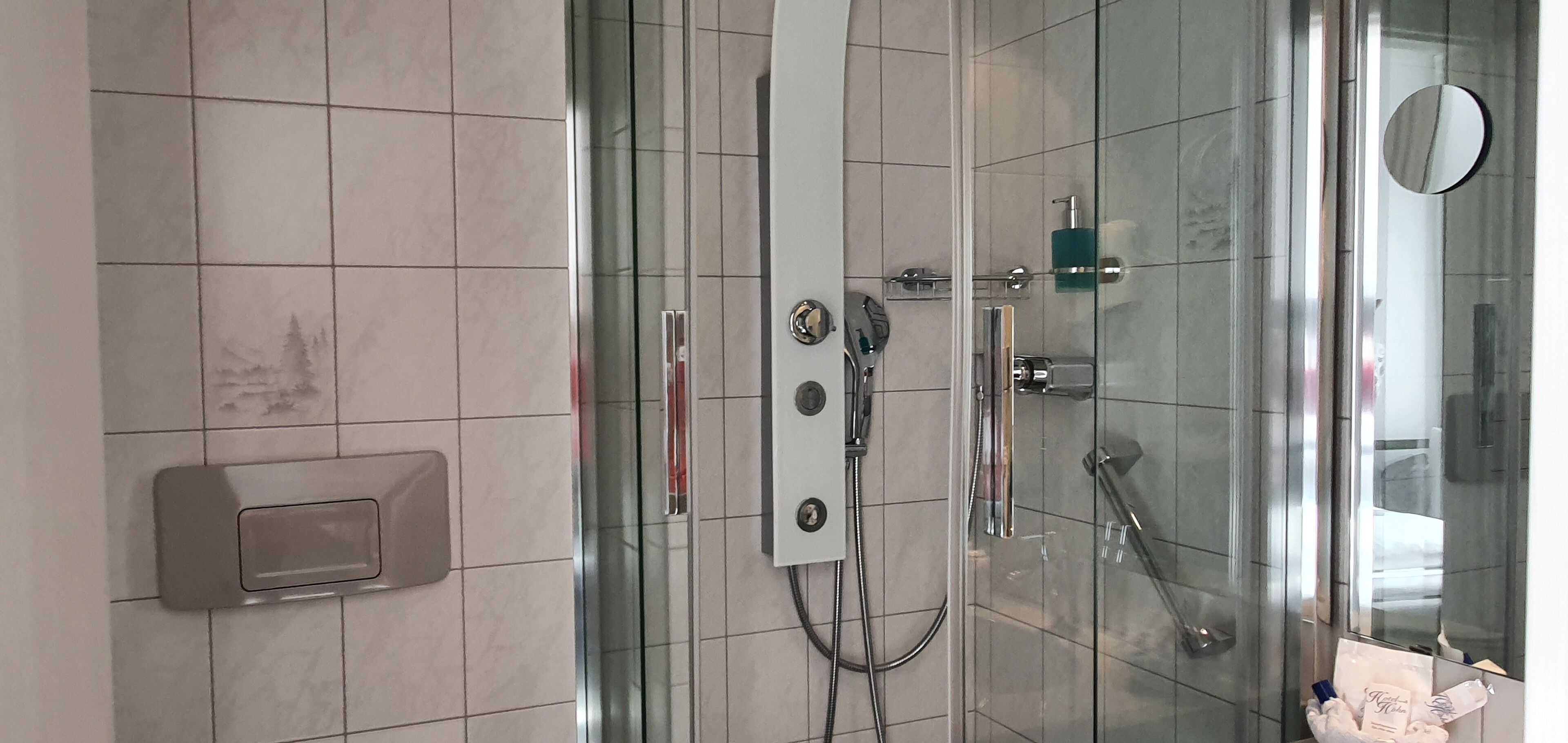 deluxe single room (haupthaus) | bathroom | shower, hair dryer, towels