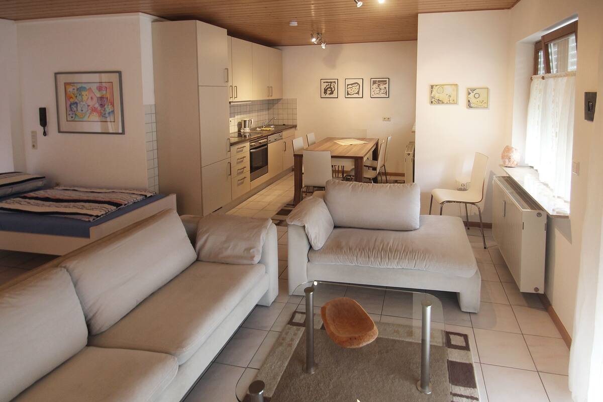 A compact living space with a sofa, a small table, a kitchenette, and a dining area.