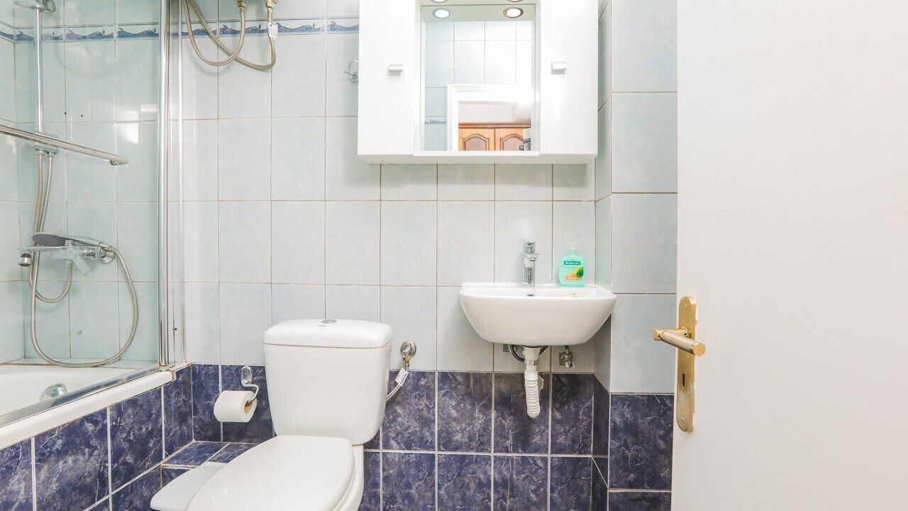Een badkamer met toilet, wastafel en douche.