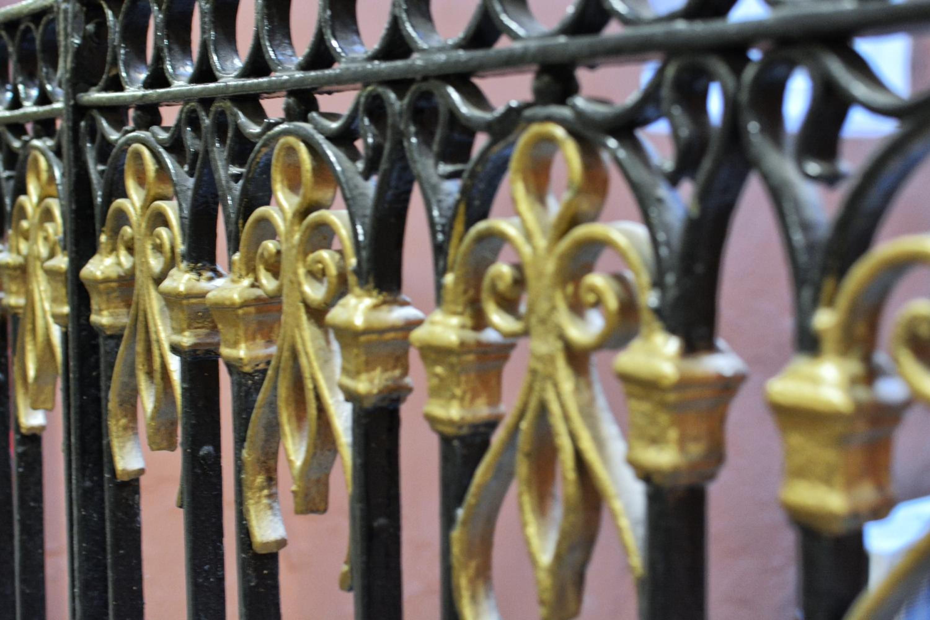 Primer plano de una verja de hierro forjado con detalles ornamentales.