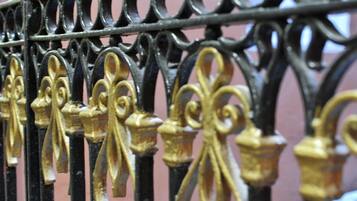 Primer plano de una verja de hierro forjado con detalles ornamentales.