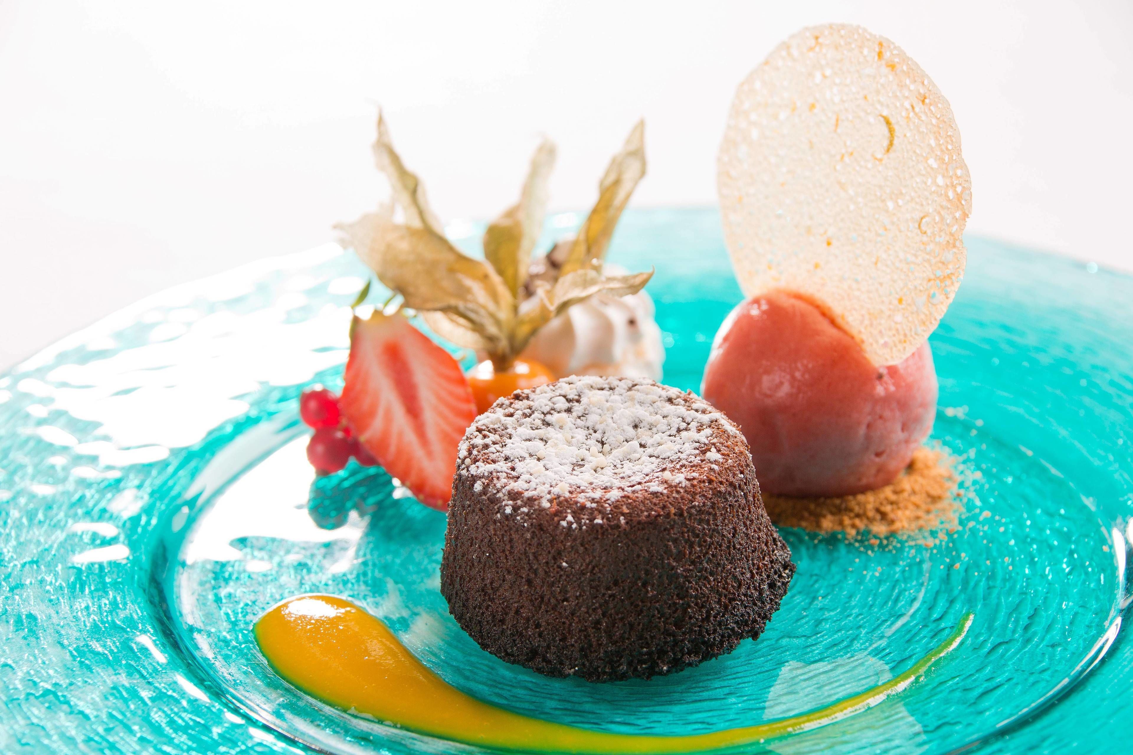A dessert plate with a chocolate lava cake, a scoop of ice cream, and a fruit garnish.