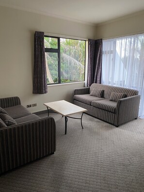 Apartment | Living area | 32-cm LED TV with satellite channels, TV, DVD player - Ballina Motel (Napier)