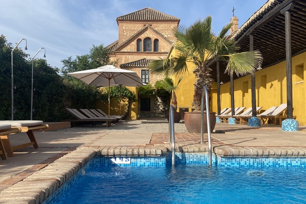 Seasonal outdoor pool, pool umbrellas, pool loungers