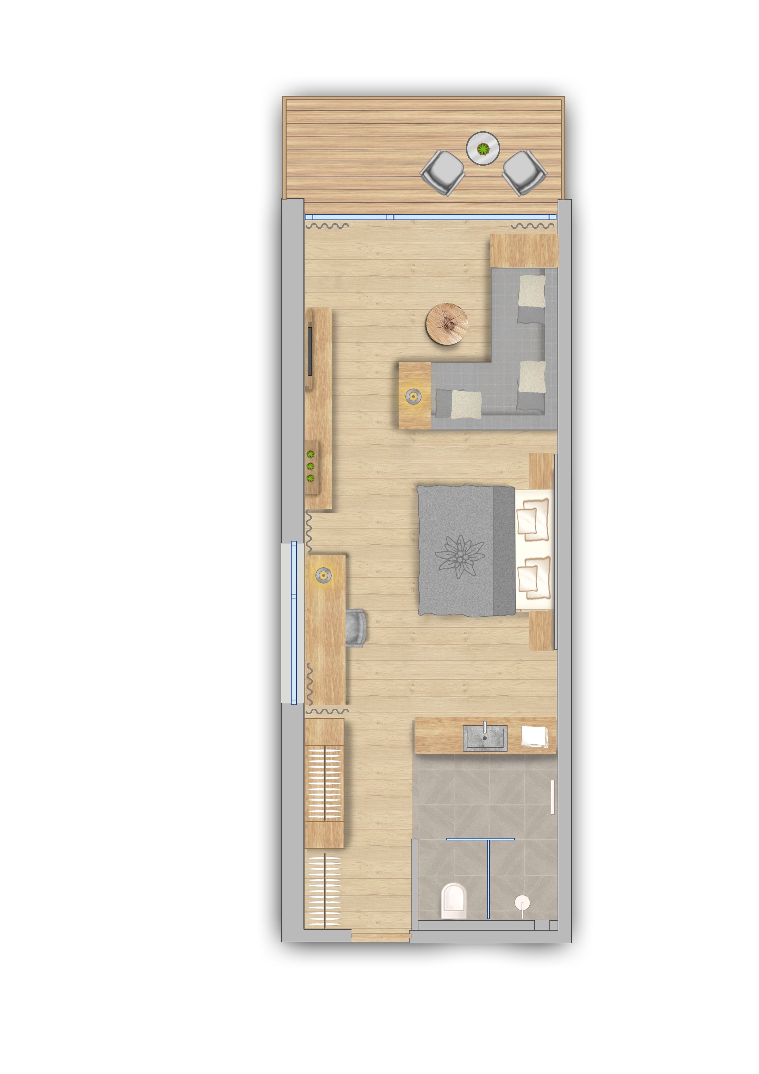 Pianta di un albergo che mostra un pavimento in legno, un letto, una scrivania, una sedia, un tavolino e un bagno.