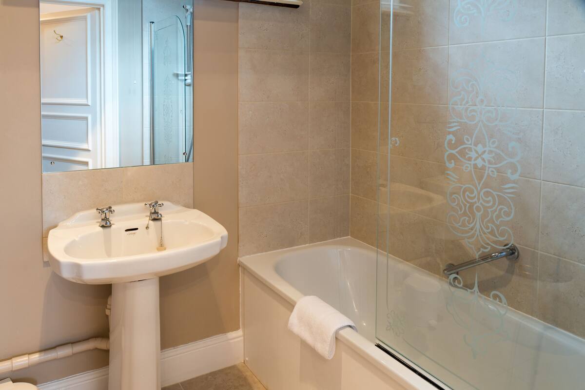 combined shower/bathtub, free toiletries, hair dryer, towels